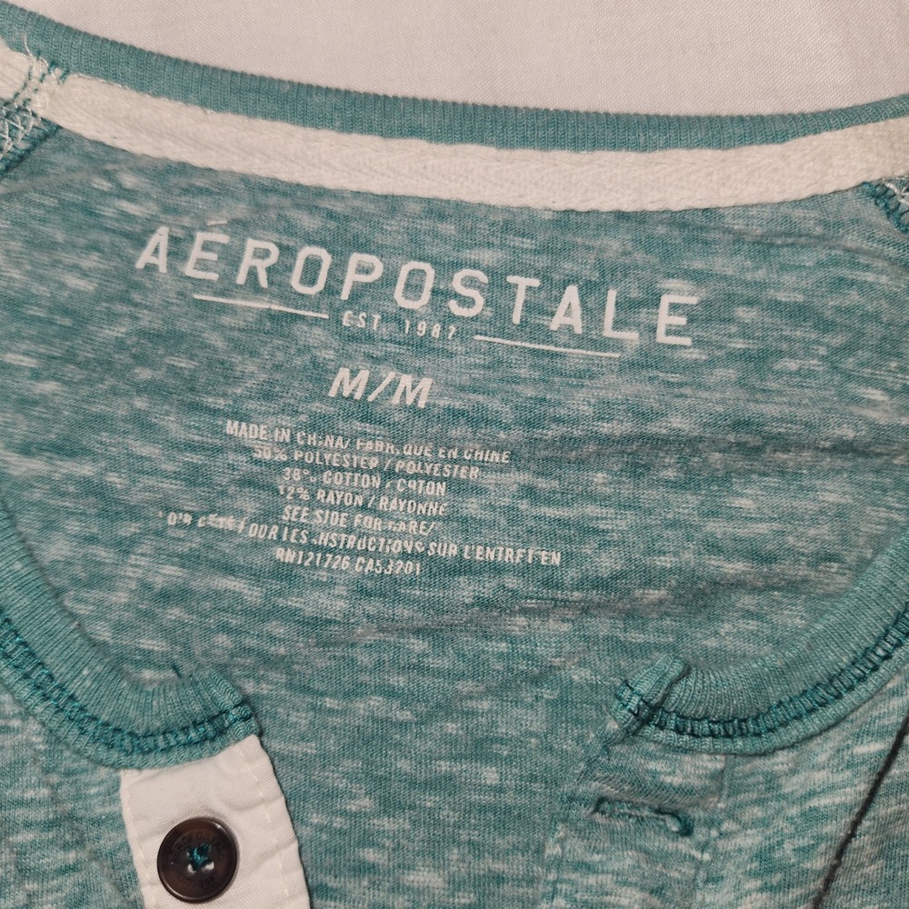 Aeropostale Mens Medium Teal Blue Space Dye Heather Long Sleeve Henley Shirt